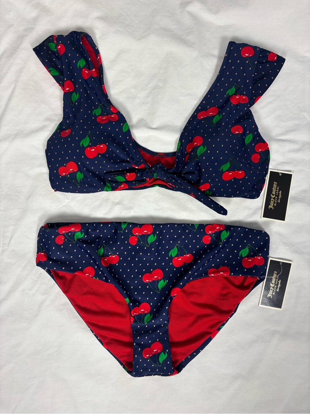 Juicy Couture Black Label Navy Cherry Print Two Piece Bikini Swim Set